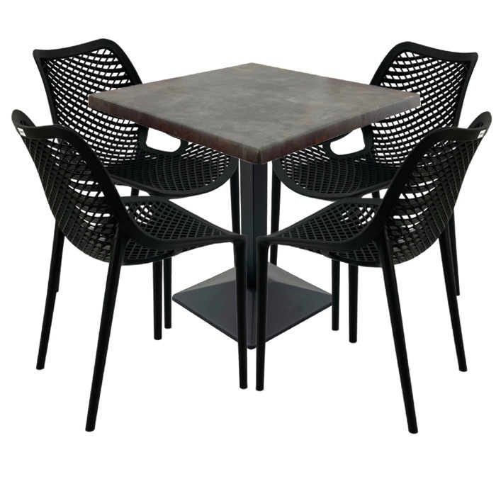 Mobilier cafenea, 4 scauneLondon Air negru suprapozabile cu masa patrata 80x80x74cm Raki Maple blat werzalit si baza metalica culoare negru