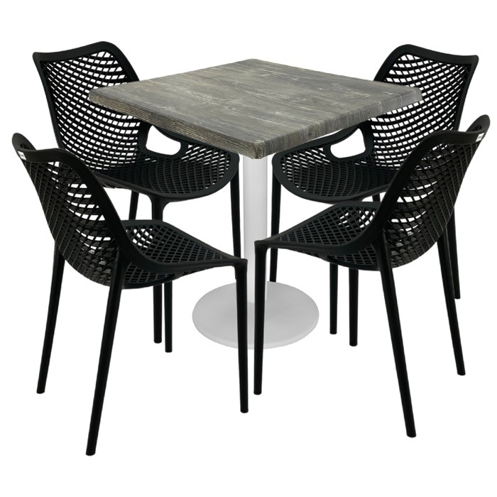 Mobilier cafenea,masa patrata 80x80x74cm Raki Maple blat werzalit, 4 scaune London Air negru suprapozabile , picior metalic alb