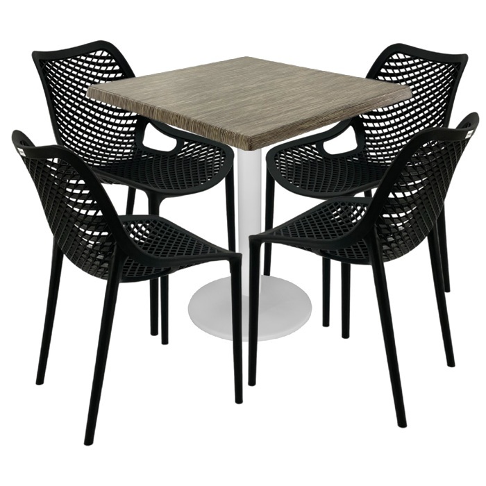 Mobilier cafenea,masa patrata 80x80x74cm Raki Maple blat werzalit, 4 scaune London Air negru suprapozabile , picior metalic alb