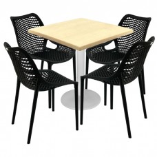 Mobilier cafenea,masa patrata 80x80x74cm Raki Maple blat werzalit, 4 scaune London Air negru suprapozabile , picior metalic alb