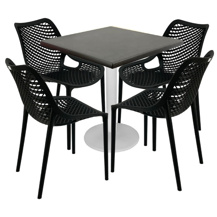Mobilier cafenea,masa patrata 80x80x74cm Raki Maple blat werzalit, 4 scaune London Air negru suprapozabile , picior metalic alb