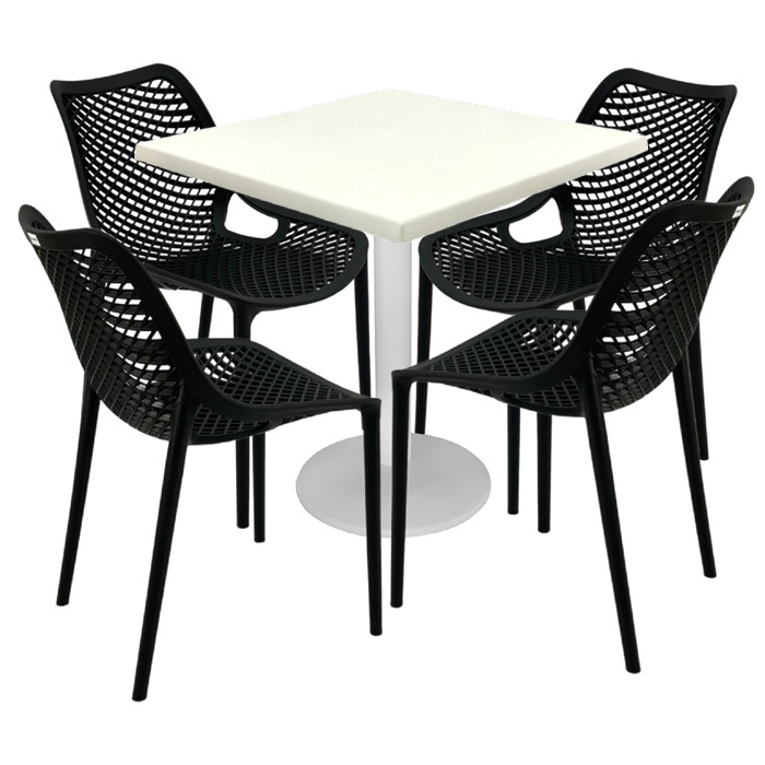 Mobilier cafenea,masa patrata 80x80x74cm Raki Maple blat werzalit, 4 scaune London Air negru suprapozabile , picior metalic alb