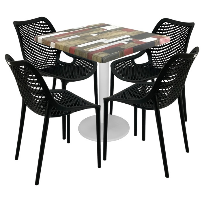 Mobilier cafenea,masa patrata 80x80x74cm Raki Maple blat werzalit, 4 scaune London Air negru suprapozabile , picior metalic alb