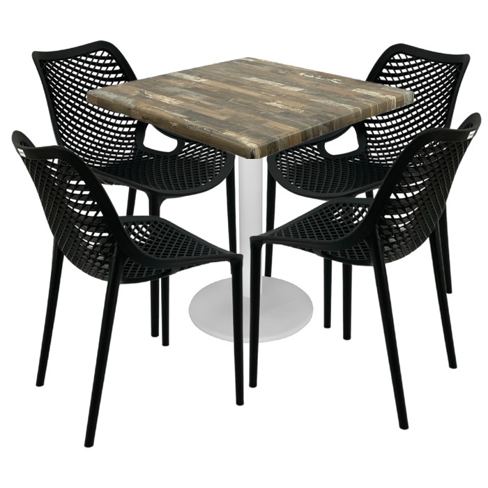 Mobilier cafenea,masa patrata 80x80x74cm Raki Maple blat werzalit, 4 scaune London Air negru suprapozabile , picior metalic alb