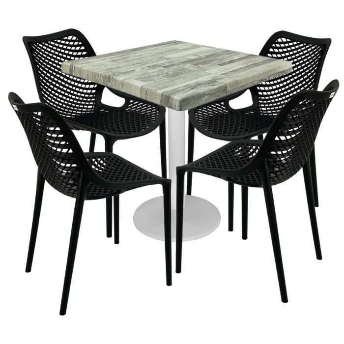 Mobilier cafenea,masa patrata 80x80x74cm Raki Maple blat werzalit, 4 scaune London Air negru suprapozabile , picior metalic alb