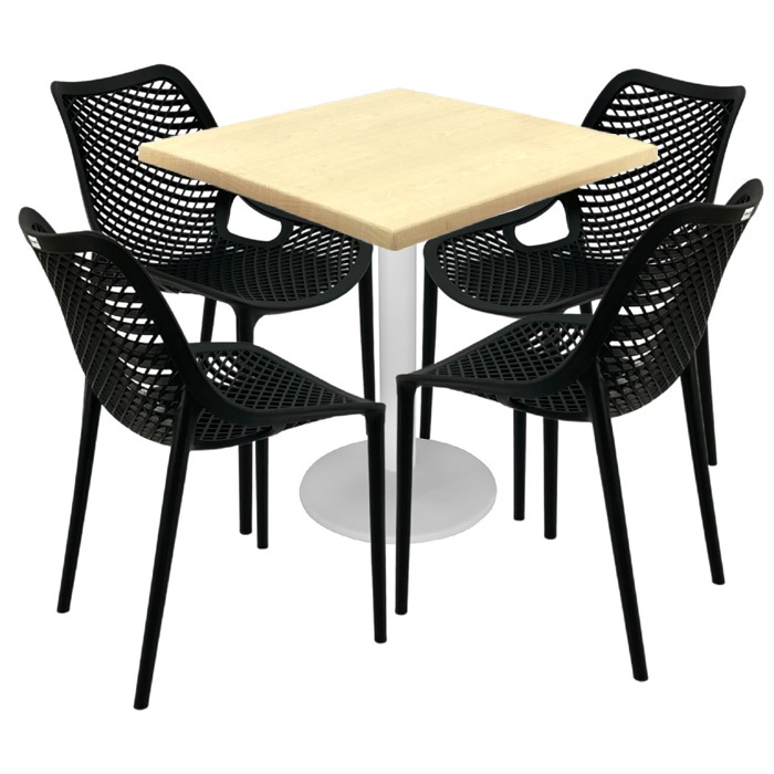 Mobilier cafenea,masa patrata 80x80x74cm Raki Maple blat werzalit, 4 scaune London Air negru suprapozabile , picior metalic alb