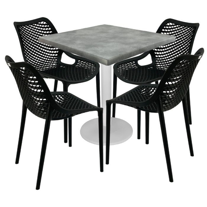 Mobilier cafenea,masa patrata 80x80x74cm Raki Maple blat werzalit, 4 scaune London Air negru suprapozabile , picior metalic alb