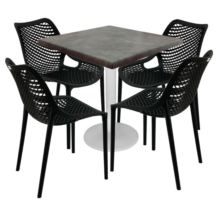Mobilier cafenea,masa patrata 80x80x74cm Raki Maple blat werzalit, 4 scaune London Air negru suprapozabile , picior metalic alb