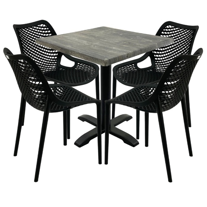 Mobilier cafenea,masa patrata 80x80x74cm Raki Maple blat werzalit, 4 scaune London Air negru suprapozabile, picior negru 