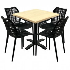 Mobilier cafenea,masa patrata 80x80x74cm Raki Maple blat werzalit, 4 scaune London Air negru suprapozabile, picior negru 