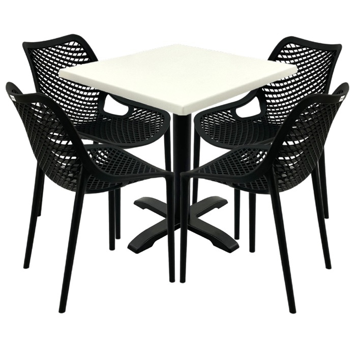 Mobilier cafenea,masa patrata 80x80x74cm Raki Maple blat werzalit, 4 scaune London Air negru suprapozabile, picior negru 