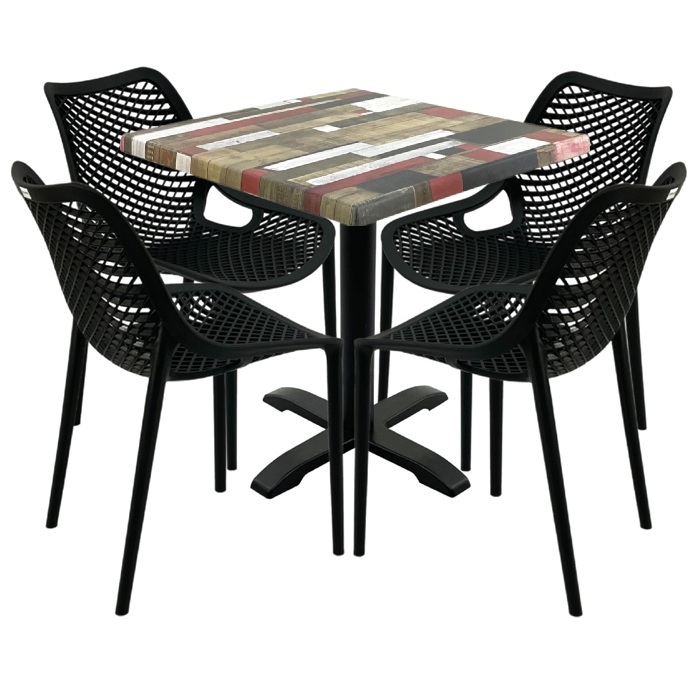 Mobilier cafenea,masa patrata 80x80x74cm Raki Maple blat werzalit, 4 scaune London Air negru suprapozabile, picior negru 