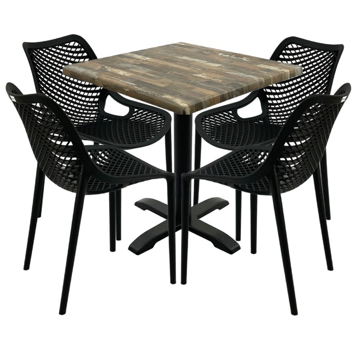 Mobilier cafenea,masa patrata 80x80x74cm Raki Maple blat werzalit, 4 scaune London Air negru suprapozabile, picior negru 
