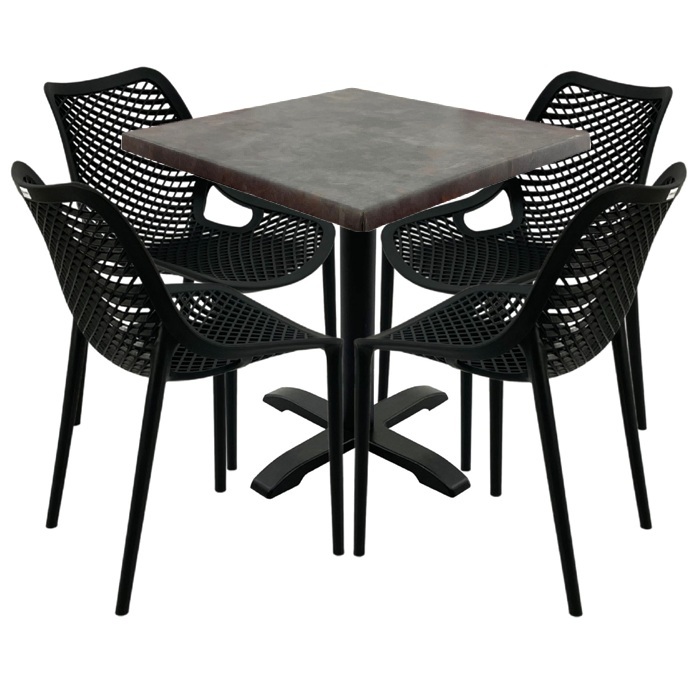 Mobilier cafenea,masa patrata 80x80x74cm Raki Maple blat werzalit, 4 scaune London Air negru suprapozabile, picior negru 