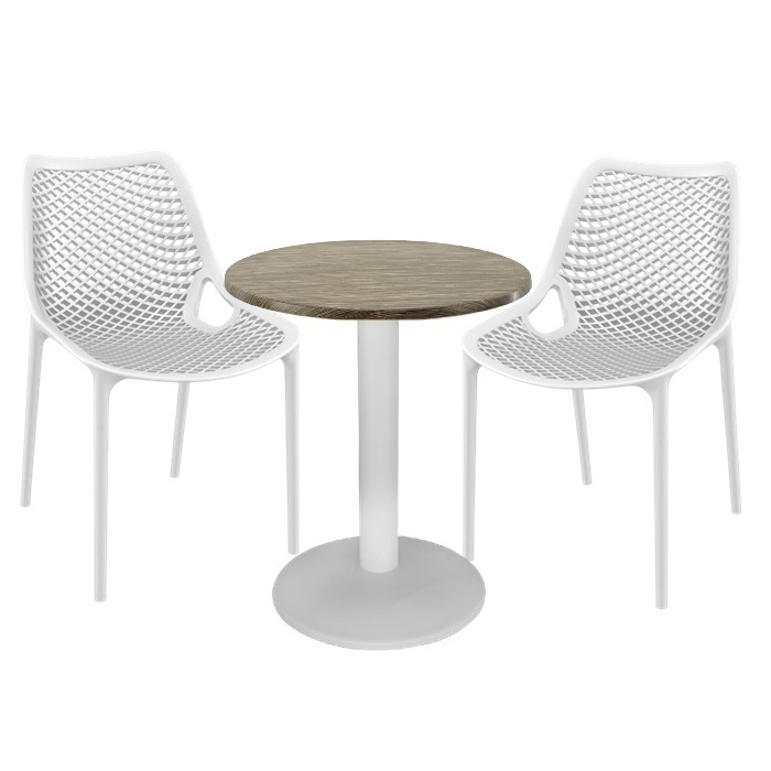 Mobilier de bistro, masa Raki MAPLE 70x72cm blat werzalit cu picior central metalic alb, 2 scaune London Air albe