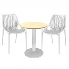Mobilier de bistro, masa Raki MAPLE 70x72cm blat werzalit cu picior central metalic alb, 2 scaune London Air albe