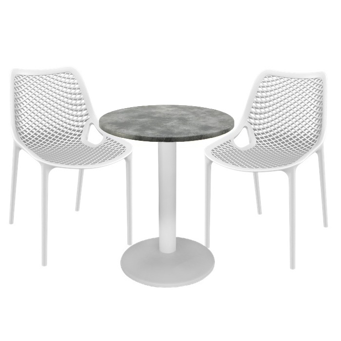 Mobilier de bistro, masa Raki MAPLE 70x72cm blat werzalit cu picior central metalic alb, 2 scaune London Air albe