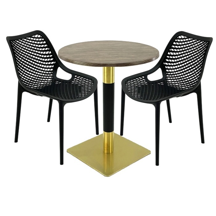 Mobilier de cafenea, masa Raki Maple 70x72cm blat werzalit,2 scaune London Air negru suprapozabile , picior metalic auriu/negru