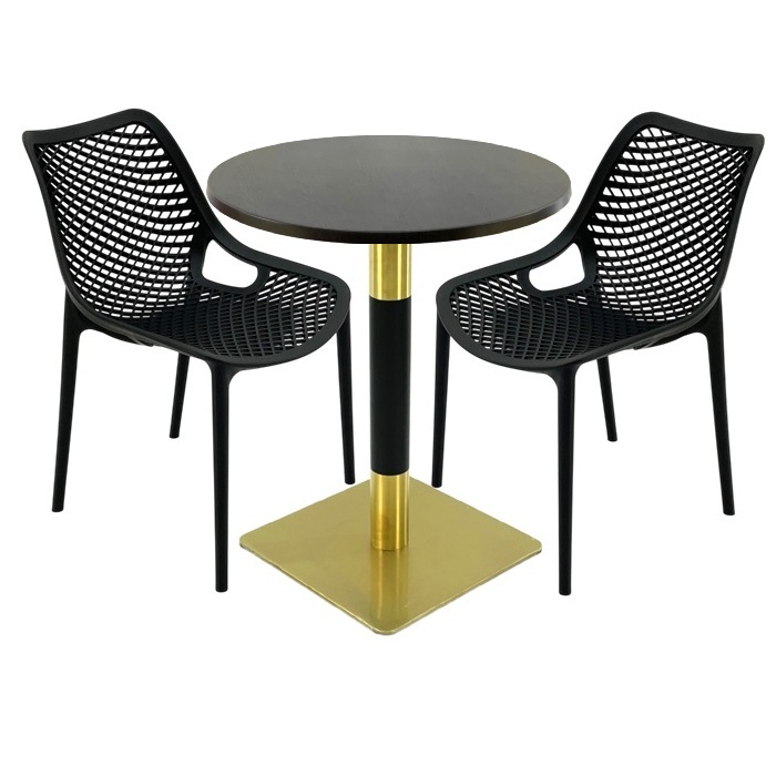 Mobilier de cafenea, masa Raki Maple 70x72cm blat werzalit,2 scaune London Air negru suprapozabile , picior metalic auriu/negru