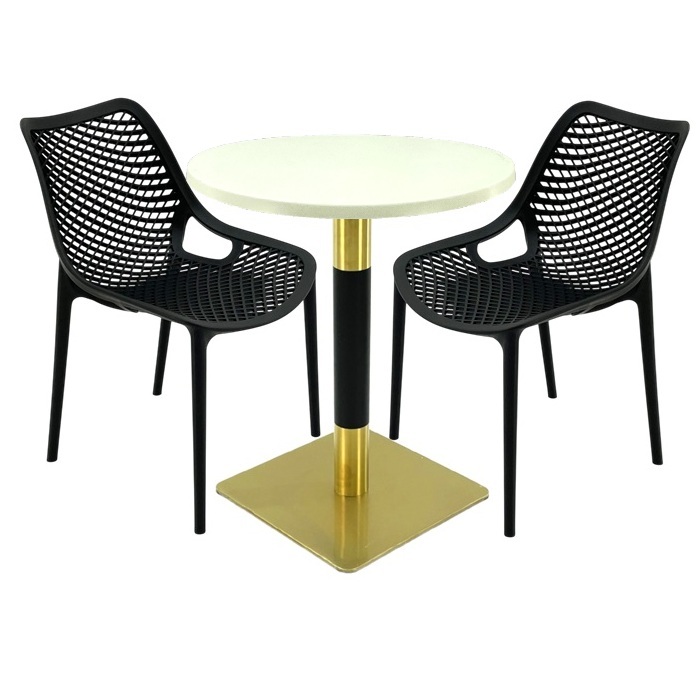 Mobilier de cafenea, masa Raki Maple 70x72cm blat werzalit,2 scaune London Air negru suprapozabile , picior metalic auriu/negru