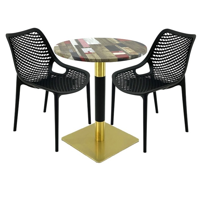 Mobilier de cafenea, masa Raki Maple 70x72cm blat werzalit,2 scaune London Air negru suprapozabile , picior metalic auriu/negru