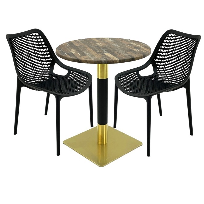 Mobilier de cafenea, masa Raki Maple 70x72cm blat werzalit,2 scaune London Air negru suprapozabile , picior metalic auriu/negru