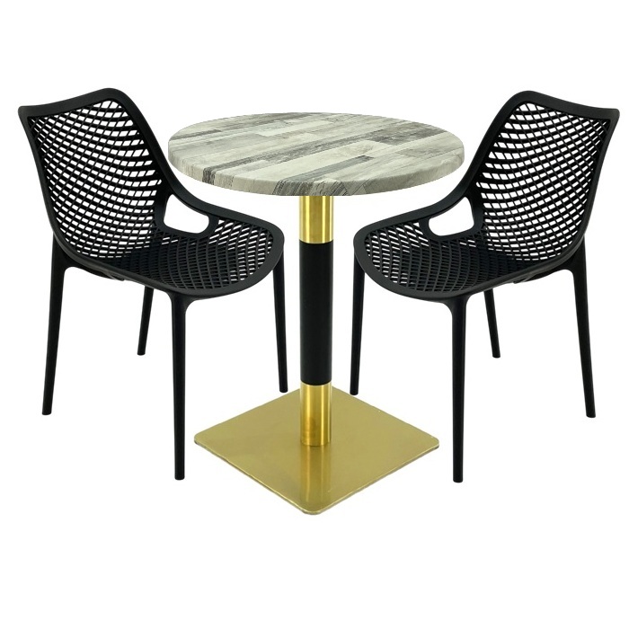 Mobilier de cafenea, masa Raki Maple 70x72cm blat werzalit,2 scaune London Air negru suprapozabile , picior metalic auriu/negru