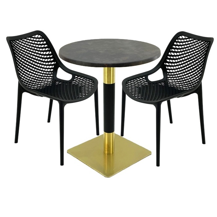 Mobilier de cafenea, masa Raki Maple 70x72cm blat werzalit,2 scaune London Air negru suprapozabile , picior metalic auriu/negru
