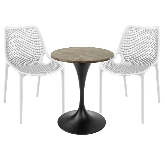 Mobilier de exterior bar, 2 scaune London Air albe cu masa rotunda 60x74cm Raki MAPLE blat werzalit si picior central,baza rotunda,negru