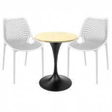 Mobilier de exterior bar, 2 scaune London Air albe cu masa rotunda 60x74cm Raki MAPLE blat werzalit si picior central,baza rotunda,negru