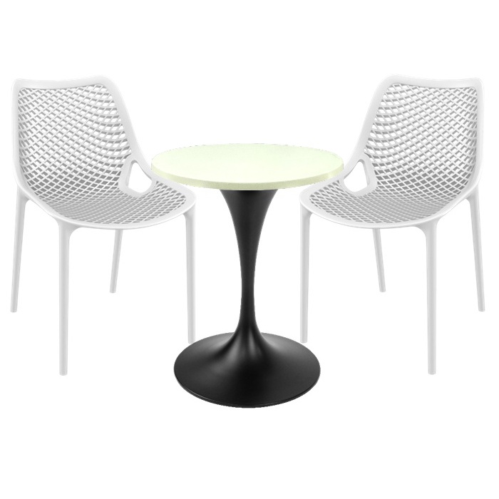 Mobilier de exterior bar, 2 scaune London Air albe cu masa rotunda 60x74cm Raki MAPLE blat werzalit si picior central,baza rotunda,negru