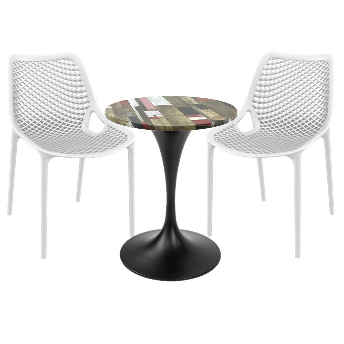 Mobilier de exterior bar, 2 scaune London Air albe cu masa rotunda 60x74cm Raki MAPLE blat werzalit si picior central,baza rotunda,negru