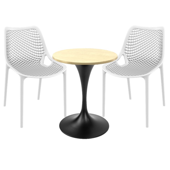 Mobilier de exterior bar, 2 scaune London Air albe cu masa rotunda 60x74cm Raki MAPLE blat werzalit si picior central,baza rotunda,negru