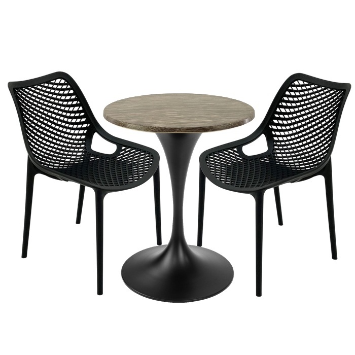 Mobilier de exterior bar, 2 scaune London Air negru suprapozabile cu masa rotunda 60x72cm Raki MAPLE blat werzalit si picior,baza rotunda,negru