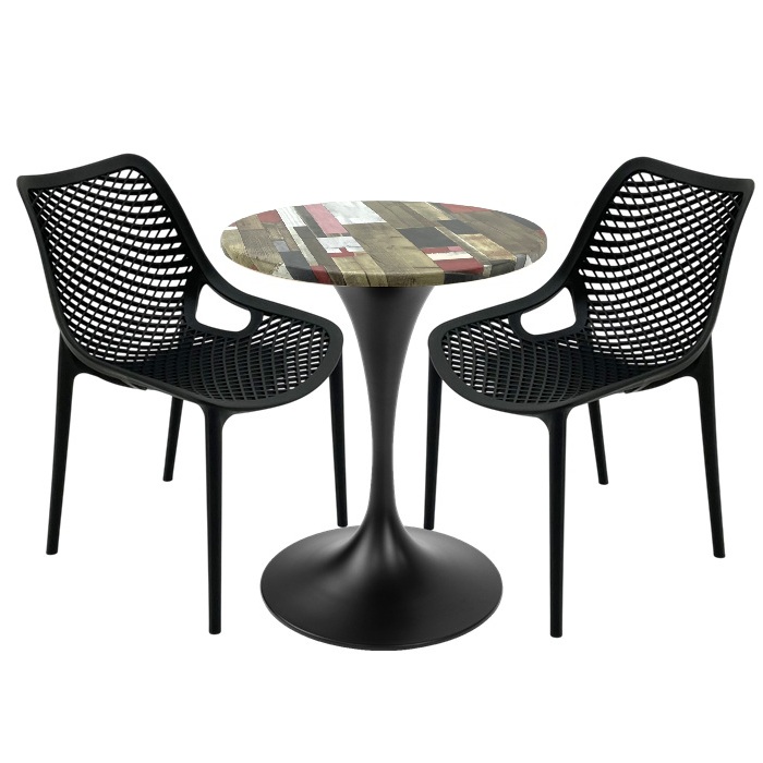 Mobilier de exterior bar, 2 scaune London Air negru suprapozabile cu masa rotunda 60x72cm Raki MAPLE blat werzalit si picior,baza rotunda,negru