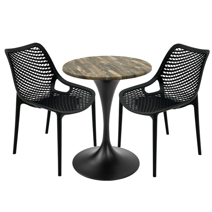 Mobilier de exterior bar, 2 scaune London Air negru suprapozabile cu masa rotunda 60x72cm Raki MAPLE blat werzalit si picior,baza rotunda,negru