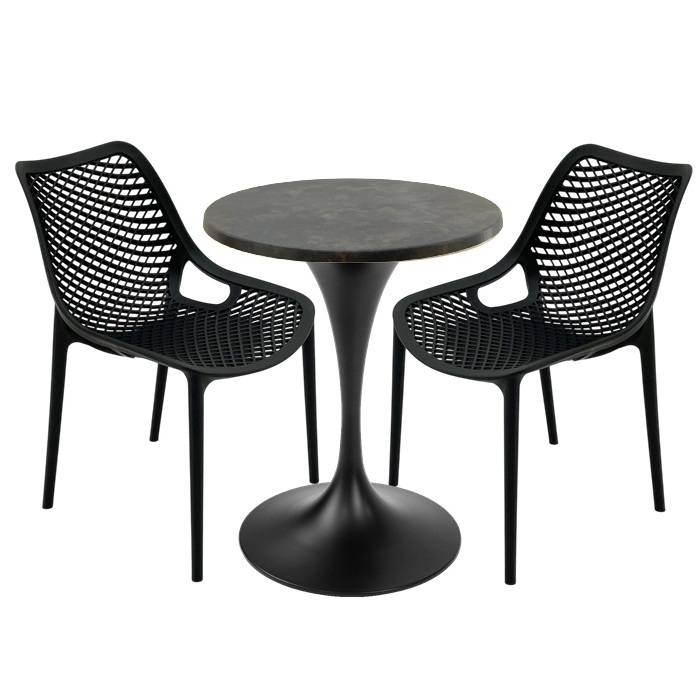 Mobilier de exterior bar, 2 scaune London Air negru suprapozabile cu masa rotunda 60x72cm Raki MAPLE blat werzalit si picior,baza rotunda,negru