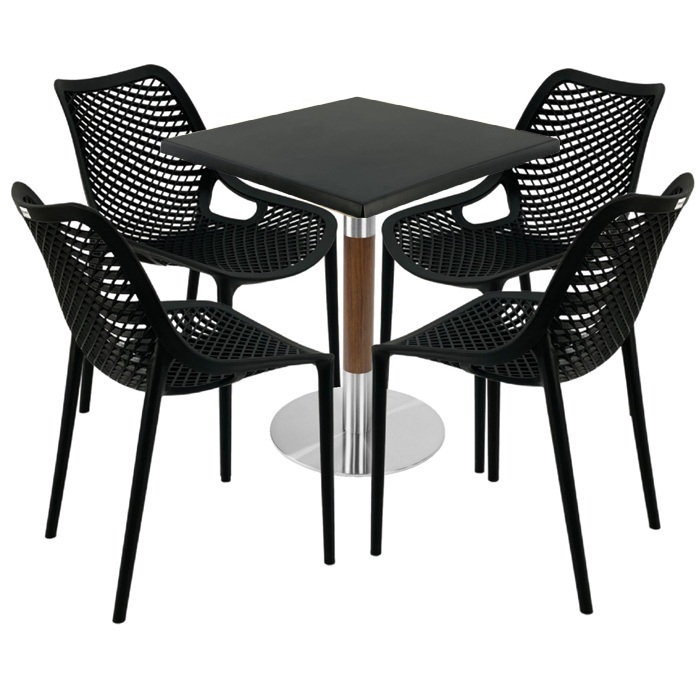 Mobilier de exterior cafenea, masa  70x70x74cm Raki MAPLE blat werzalit,4 scaune London Air negru suprapozabile ,baza crom aspect lemn,argintiu