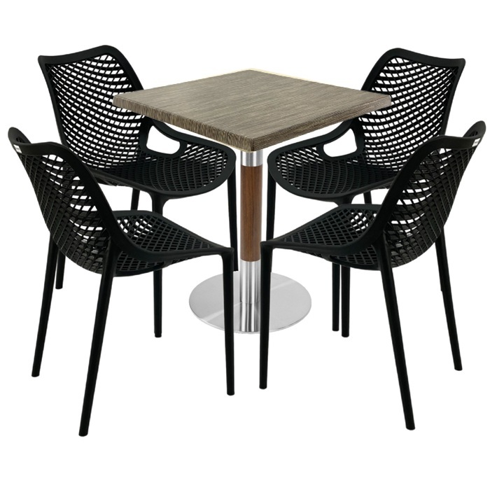 Mobilier de exterior cafenea, masa  70x70x74cm Raki MAPLE blat werzalit,4 scaune London Air negru suprapozabile ,baza crom aspect lemn,argintiu