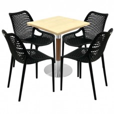 Mobilier de exterior cafenea, masa  70x70x74cm Raki MAPLE blat werzalit,4 scaune London Air negru suprapozabile ,baza crom aspect lemn,argintiu