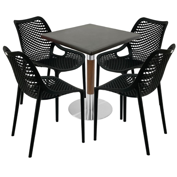 Mobilier de exterior cafenea, masa  70x70x74cm Raki MAPLE blat werzalit,4 scaune London Air negru suprapozabile ,baza crom aspect lemn,argintiu