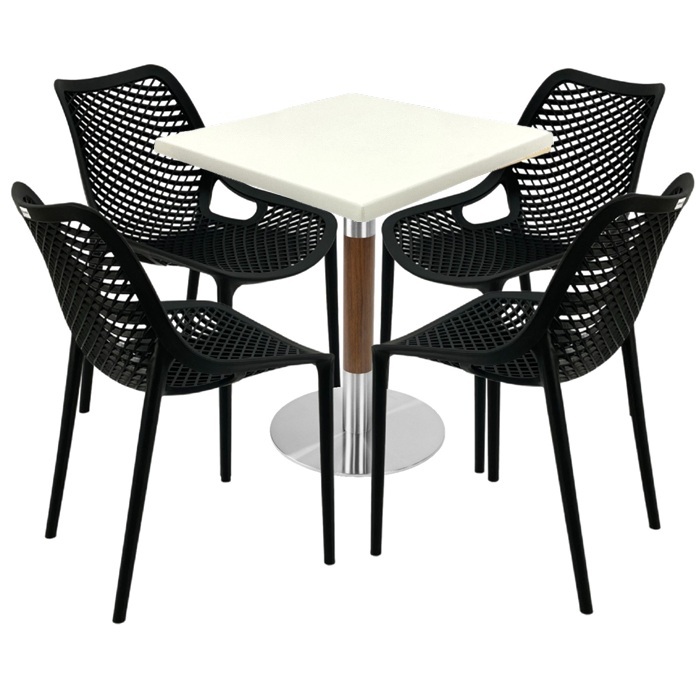 Mobilier de exterior cafenea, masa  70x70x74cm Raki MAPLE blat werzalit,4 scaune London Air negru suprapozabile ,baza crom aspect lemn,argintiu