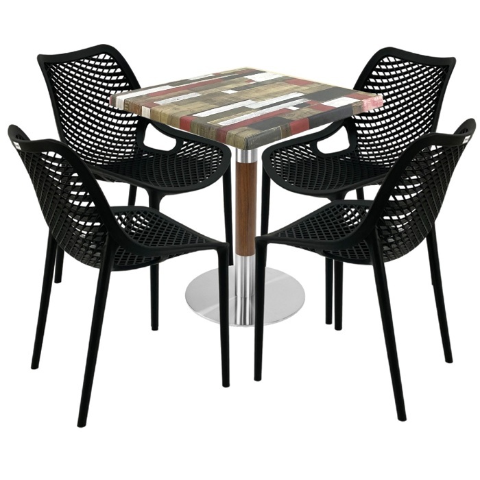 Mobilier de exterior cafenea, masa  70x70x74cm Raki MAPLE blat werzalit,4 scaune London Air negru suprapozabile ,baza crom aspect lemn,argintiu