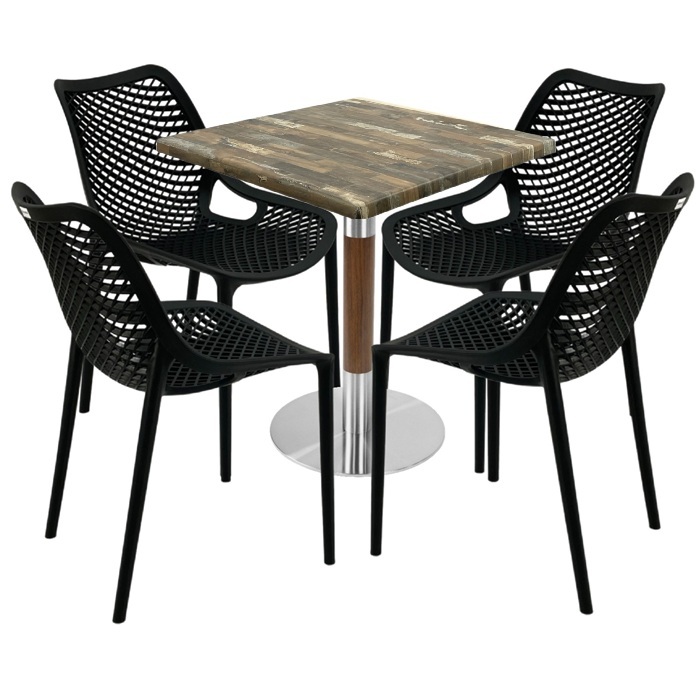 Mobilier de exterior cafenea, masa  70x70x74cm Raki MAPLE blat werzalit,4 scaune London Air negru suprapozabile ,baza crom aspect lemn,argintiu