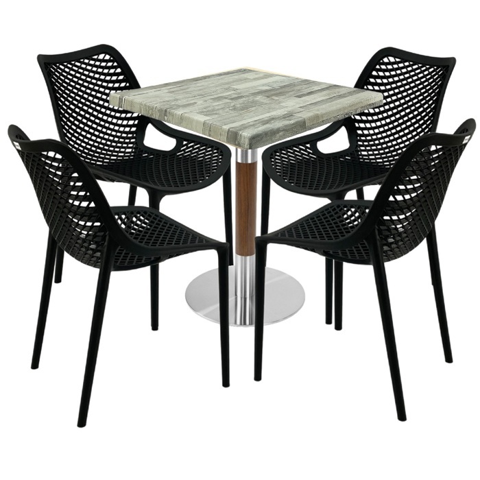 Mobilier de exterior cafenea, masa  70x70x74cm Raki MAPLE blat werzalit,4 scaune London Air negru suprapozabile ,baza crom aspect lemn,argintiu