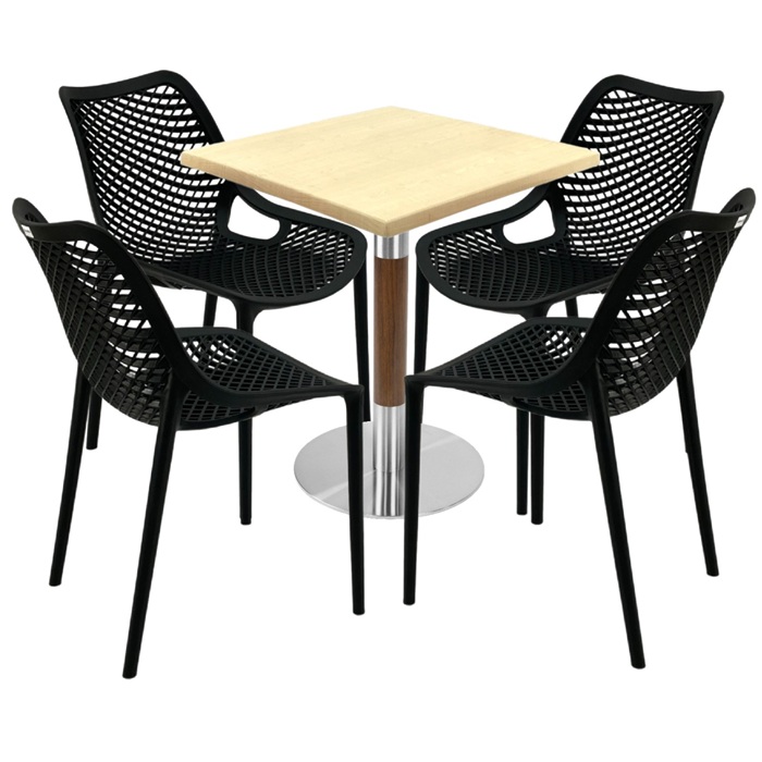 Mobilier de exterior cafenea, masa  70x70x74cm Raki MAPLE blat werzalit,4 scaune London Air negru suprapozabile ,baza crom aspect lemn,argintiu