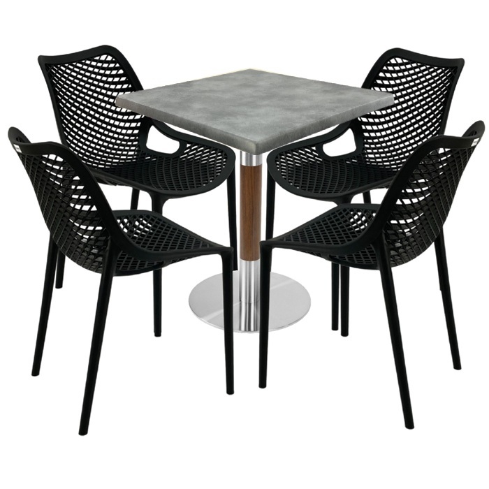 Mobilier de exterior cafenea, masa  70x70x74cm Raki MAPLE blat werzalit,4 scaune London Air negru suprapozabile ,baza crom aspect lemn,argintiu
