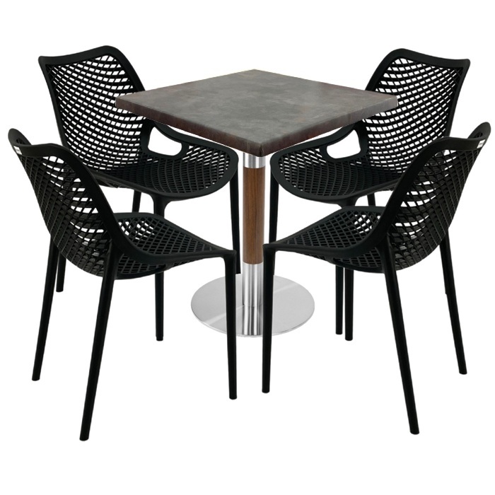Mobilier de exterior cafenea, masa  70x70x74cm Raki MAPLE blat werzalit,4 scaune London Air negru suprapozabile ,baza crom aspect lemn,argintiu