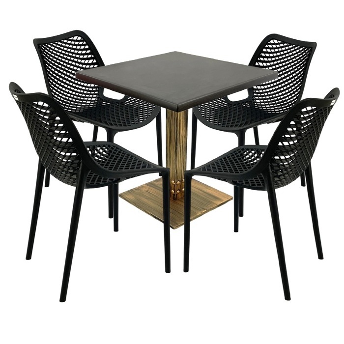 Mobilier de exterior cafenea,masa Raki Maple 80x80x74cm blat werzalit, 4 scaune London Air negru suprapozabile , picior metalic aspect bronz antichizat