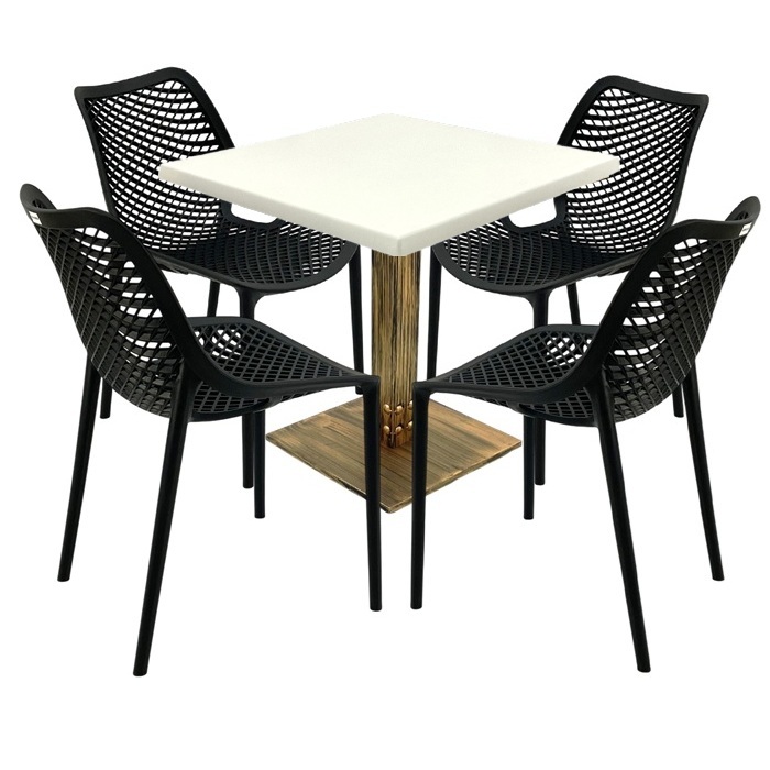 Mobilier de exterior cafenea,masa Raki Maple 80x80x74cm blat werzalit, 4 scaune London Air negru suprapozabile , picior metalic aspect bronz antichizat